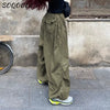 Hippie Y2K Cargo Pants Women Low Waist Sweatpant Drawstring Pockets Baggy Wide Leg Trousers Korean Vintage White Parachute Pants