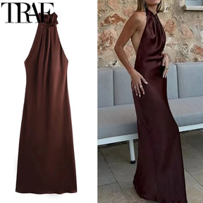 Halter Satin Long Dress Women Tied Backless Brown Midi Dress Summer off Shoulder Party Dresses Pleated Evening Dress