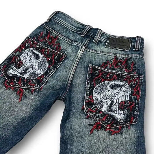 Goth Hip Hop Oversized Skull Embroidery Pattern Y2K Baggy Jeans New Men and Women Straight Black Jeans Retro Casual Denim Pants