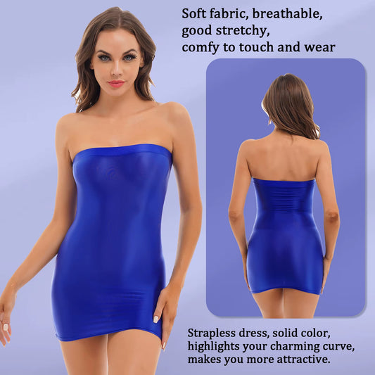 Womens Glossy Strapless Bodycon Dress Sexy Summer Bikini Cover Ups Solid Stretchy Mini Pencil Dresses Rave Party Clubwear