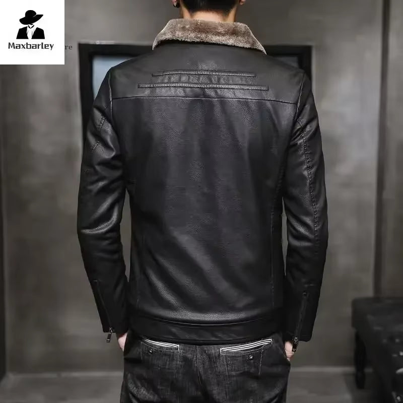 Autumn and Winter Leather Jacket Men'S Business Thickened Faux Fur Collar Windproof Warm PU Coat Men'S Brand Motorcycle Jacket