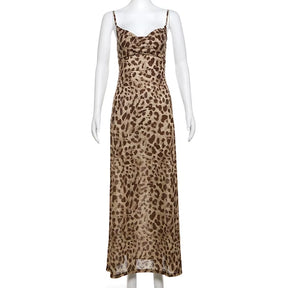 Ladies Vintage Leopard Print Women Sexy Spaghetti Strap Summer Dress Chic Swing Collar Backless Party Club Long Dresses Female