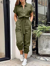 2024 Summer Fashion OL Work Jumpsuits Vintage Cargo Rompers Woman Lapel Neck Short Sleeve Playsuits Elegant Party Overall