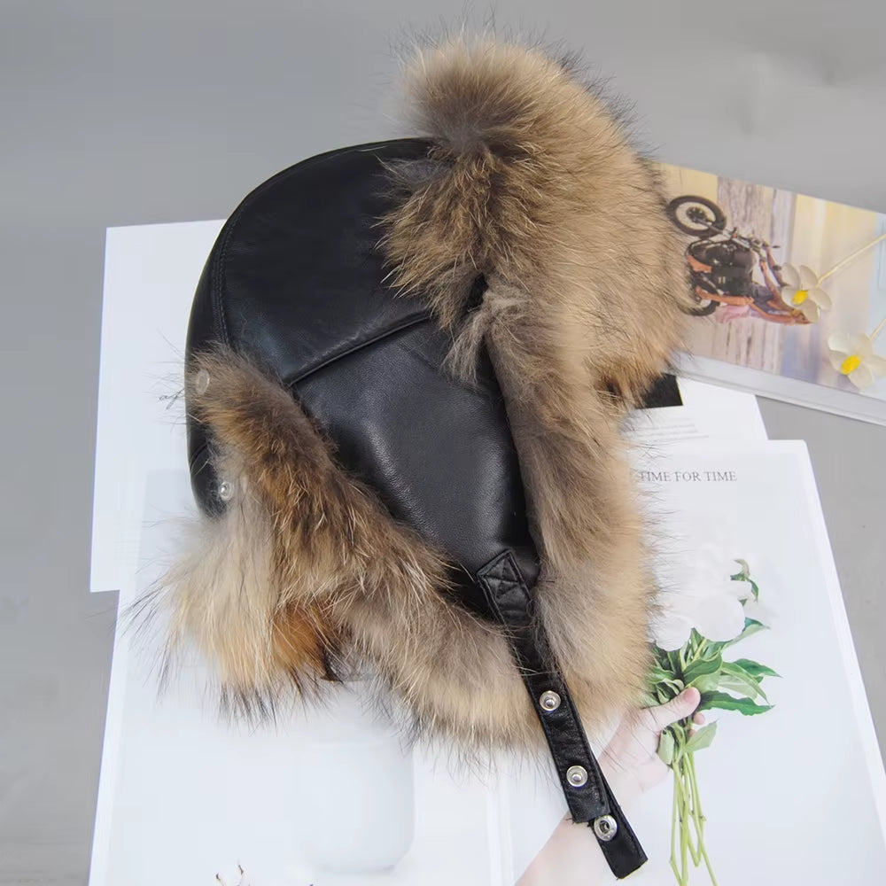 Winter Men'S 100% Real Silver Fox Fur Aviator Bomber Hat Raccoon Fur Ushanka Cap Trapper Russian Man Ski Hats Caps Real Leather