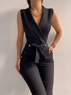 Women Casual V Neck Jumpsuits Button Lace up Sleeveless Wide Leg Pants Streetwear Overalls Jumpsuit Women