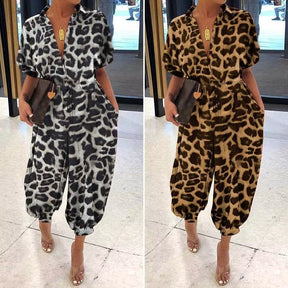 Leopard Printed Jumpsuit Women 2023 Summer New Short Sleeves Leace-Up Pocket Casual Jumpsuits Fashion Vintage Ladies Bodysuits