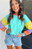 Dark Blue Colorblock Patchwork Long Sleeve Loose Top