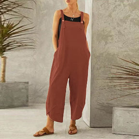 Women Large Cotton Linen Strap Loose Jumpsuit Summer Casual Wide Leg Ankle Length Fashion Jumpsuit Solid Color Pockets Romper