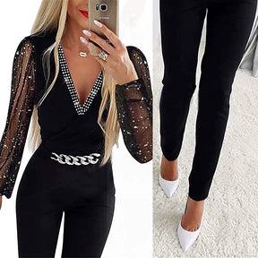 Jumpsuits Women One Piece V Neck Full Sleeve Tight High Waist Overalls Casual Sheath Long Pencil Pants Rompers Slim Fit