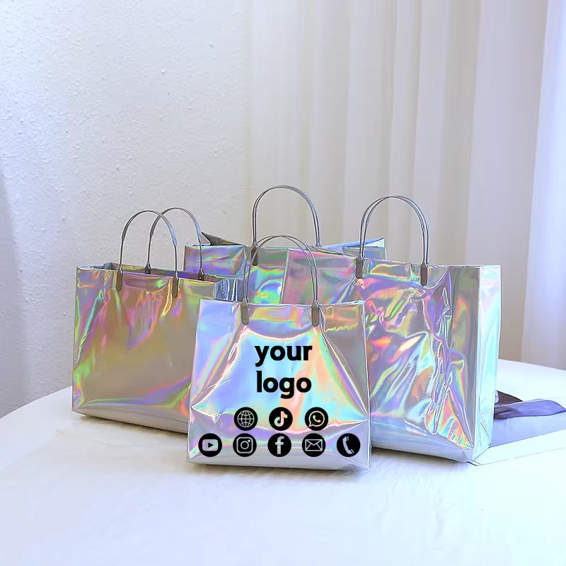 30Pcshigh-End Color Laser Handbag Silver Shopping Clothing Bag Gift Shop Packaging Bag Waterproof Wedding Party Custom Logo