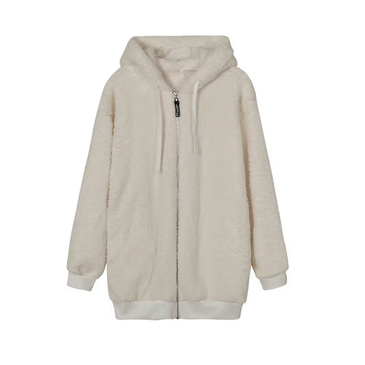 New Style Autumn and Winter Loose Plush Zipper Hooded Jacket Woman