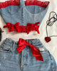 Y2K New Fashion Outfits Denim Skirt Suit Harajuku Sexy Bow Slim Tube Tops Low Waist Mini Skirt Goth Kawaii Womens Clothing