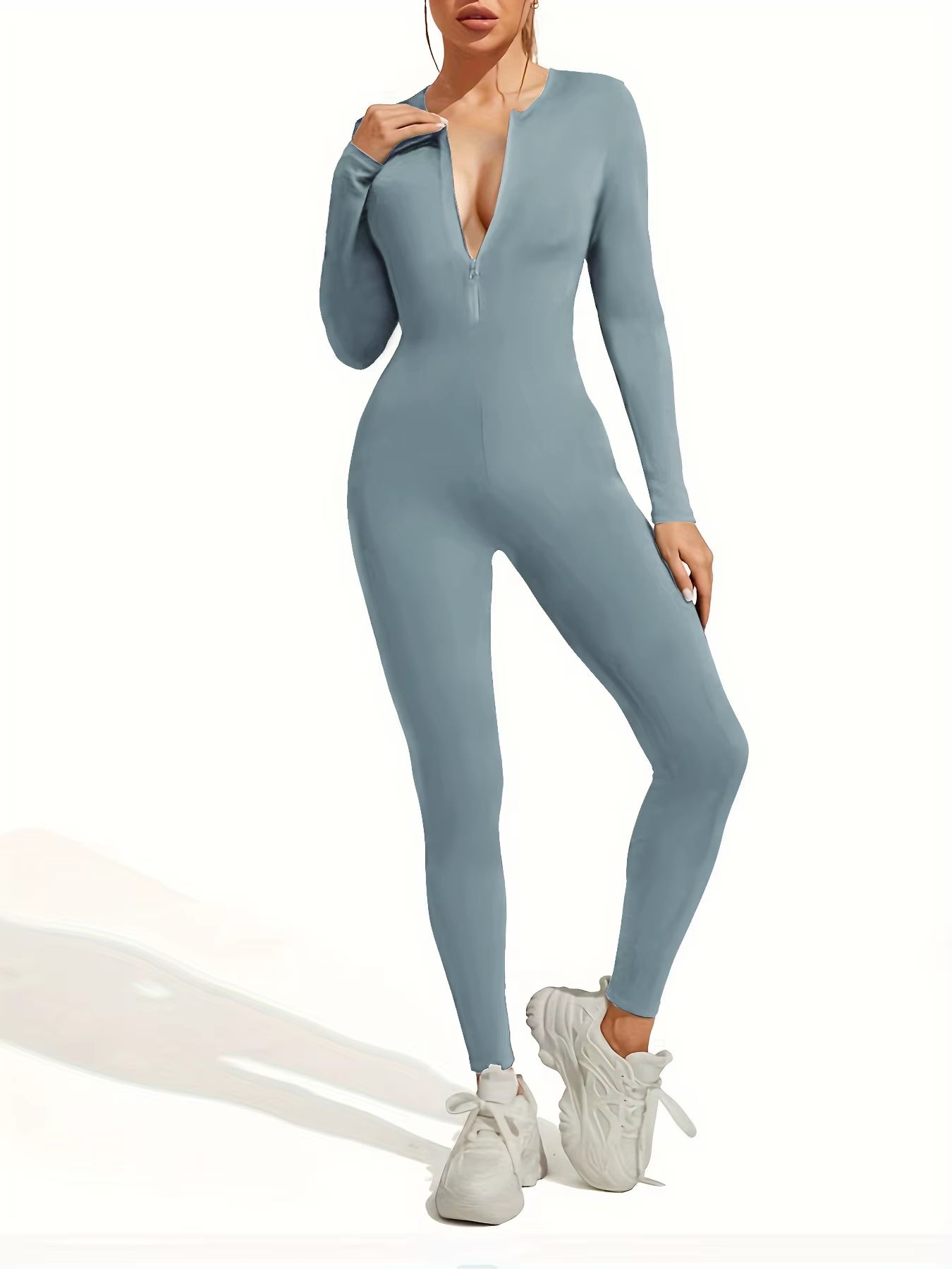 Fall New Hot Sale Sexy Bodysuit for Women Solid Color Ribbed Long Sleeve Zipper Bodycon Sporty Clothing Rompers Women'S Jumpsuit