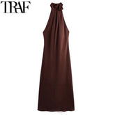 Halter Satin Long Dress Women Tied Backless Brown Midi Dress Summer off Shoulder Party Dresses Pleated Evening Dress