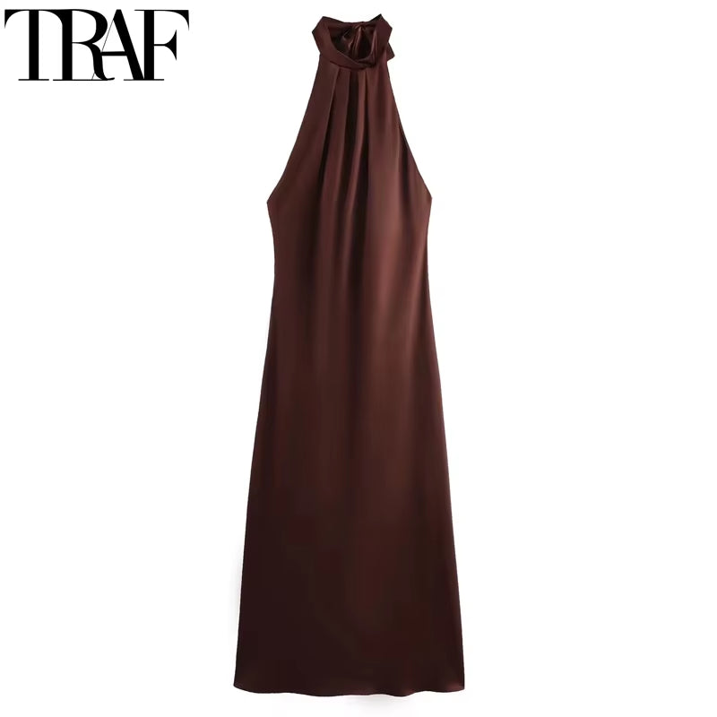 Halter Satin Long Dress Women Tied Backless Brown Midi Dress Summer off Shoulder Party Dresses Pleated Evening Dress