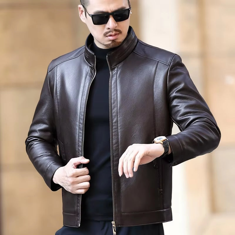 YX-221 Natural Leather Jacket Men'S Stand-Up Collar Business Casual Fur One-Piece Men'S Super Soft SE Plush Liner Warm Jacket