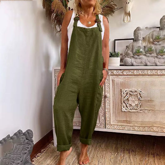 Large Size Linen Women Jumpsuits Casual Vintage Solid Color Sleeveless Adjustable Straps Loose Jumpsuit Bib Overalls