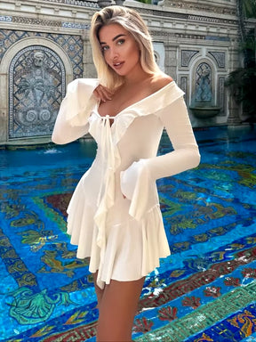 White Deep V Neck Ruffled Dress for Women Long Flare Sleeve Autumn Fashion Beach Party Short Dresses Female Sexy Slim