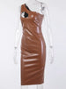 Sexy PU Leather Chest Front Hollow Out Slim Bodycon Dress Women Sleeveless off One Shoulder Evening Long Dress Club Party