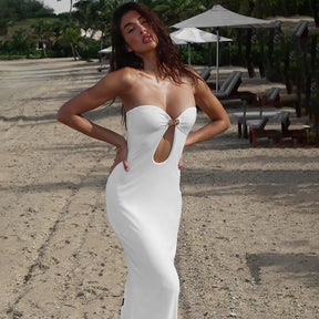 Sexy Strapless Cut Out Bodycon Maxi Dress Women off Shoulder Backless Solid White Sundress 2024 Summer Beach Y2K Clothe