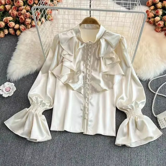 Vintage Solid Blouses Women Elegant Acetate Satin Stand Collar Flare Sleeve Design New Chic Sweet Loose Ruffles Female Mujer