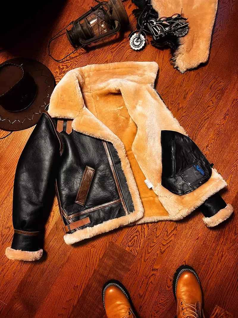 Yr!Top Quality .Classic Air Force B3 Fur Jacket.Men Luxury Thick Wool Warm Shearling Coat.Real Natural Fur Leather Cloth.