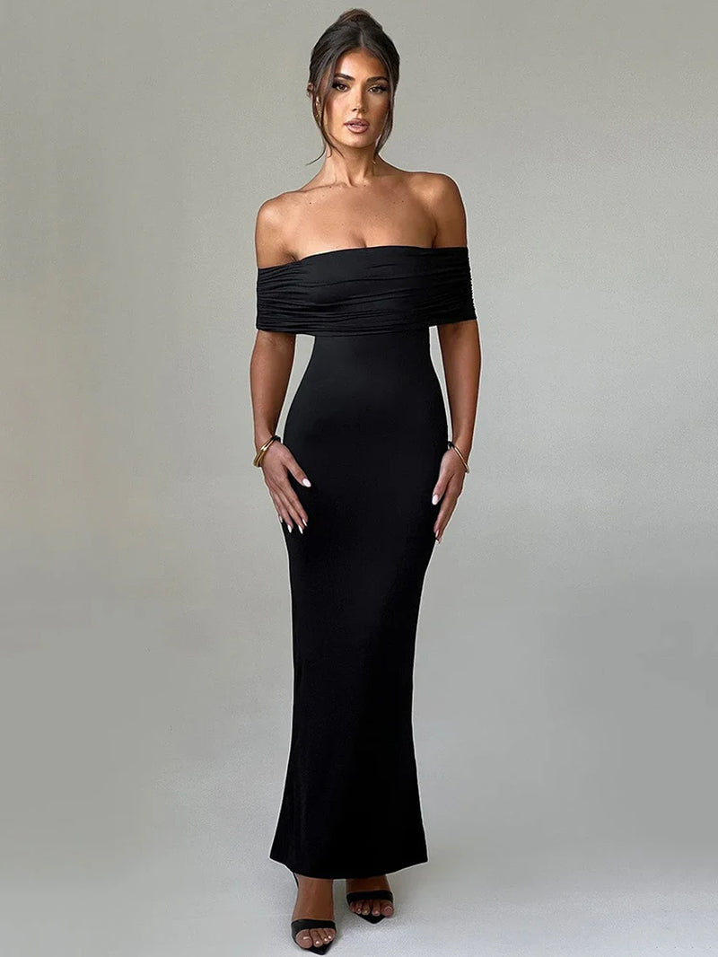 Strapless Backless Sexy Maxi Dress for Women Black Solid Off-Shoulder Sleeveless Bodycon Club Party Long Dress Elegant