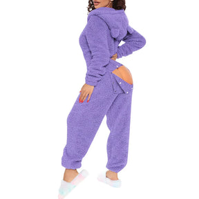 Homewear Pajamas Jumpsuits Women Autumn Winter Long-Sleeved Hooded Trousers Rompers Plush Loungewear Pajamas Jumpsuit Outfits