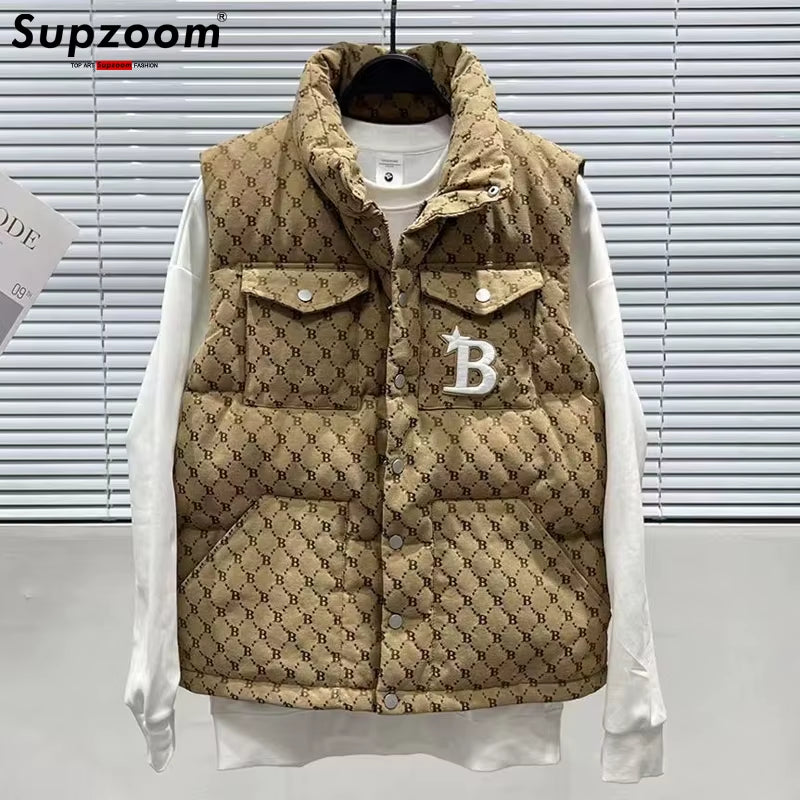 2022 Top Fashion New Arrival Embroidery Letters Leather Stand Collar Cotton Autumn and Winter Warm Thickened Vest