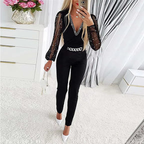 Jumpsuits Women One Piece V Neck Full Sleeve Tight High Waist Overalls Casual Sheath Long Pencil Pants Rompers Slim Fit