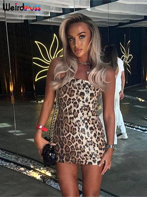 Leopard Print Sexy Dress Women Sequins Hipster Summer Fashion Skinny Elastic Skinny Midnight Party Clubwear Bodycon