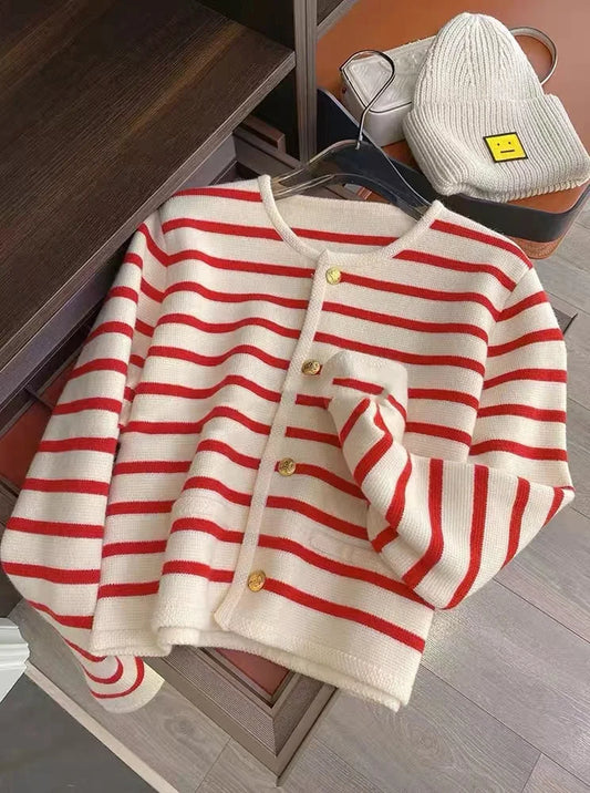 Women Spring Autumn Sweaters O-Neck Stripe Knitted Cardigan Fashion Long Sleeve Casual Short Tops Korean Style New