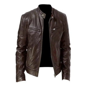 Mens Leather Jacket Autumn Winter Business Gentleman Warm Zipper Cardigan Pocket PU Leather Jacket Stand Collar Slim Coat