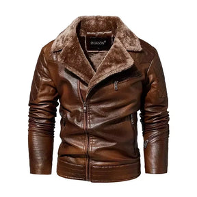 Fashion Warm Winter Men'S Leather Jacket with Fur Collar Thicken Fleece Motorcycle Coat Casual Faux Leather Locomotive Jacket