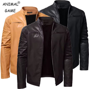 Autumn Mens Stand Collar Jacket Coat Black Leather Motorcycle Jacket Solid Color Zipper Streetwear Winter Warm Biker Jacket Men