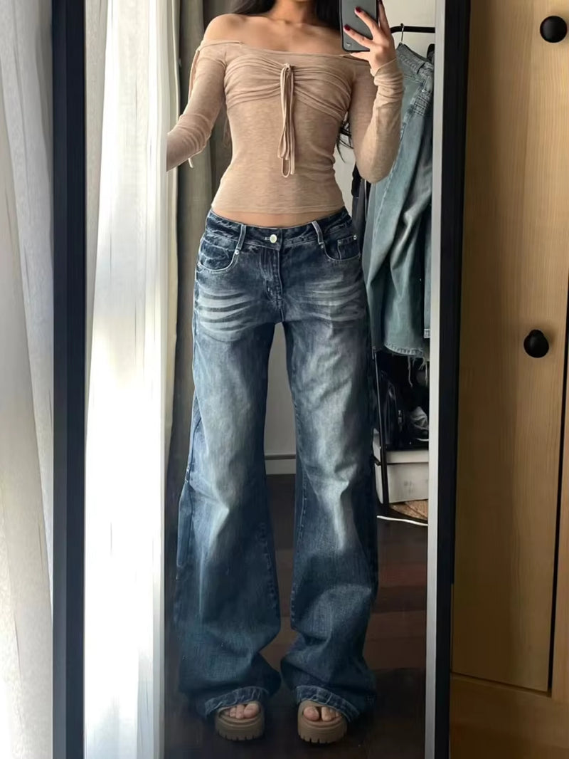 Y2K Vintage Baggy Wide Leg Jeans for Women Washed Casual High Waist Loose Denim Pants Streetwear Korean Flared Trousers