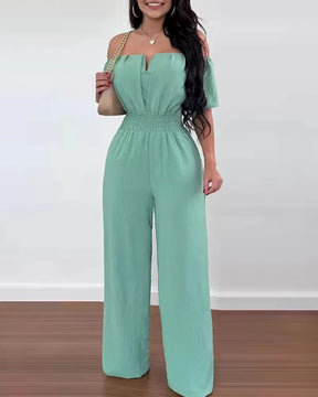 Summer Elegant off Shoulder Women'S Jumpsuit 2024 Fashion Trend Casual Short Sleeve Wide Leg Pants Jumpsuits for Women Overalls