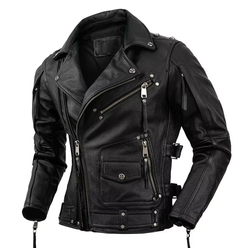 Motorcycle Cowhide Genuine Leather Jacket Men Slim Stone Milled Retro Jacket Calfskin Leather Coat Men Moto Biker Riding Clothes