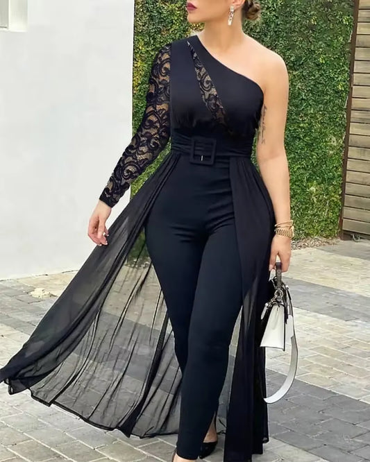 2024 Summer Women'S Sexy round Neck Rhinestone Sheer Mesh Sleeveless Jumpsuit with Belt New Fashion Rompers Womens Jumpsuit