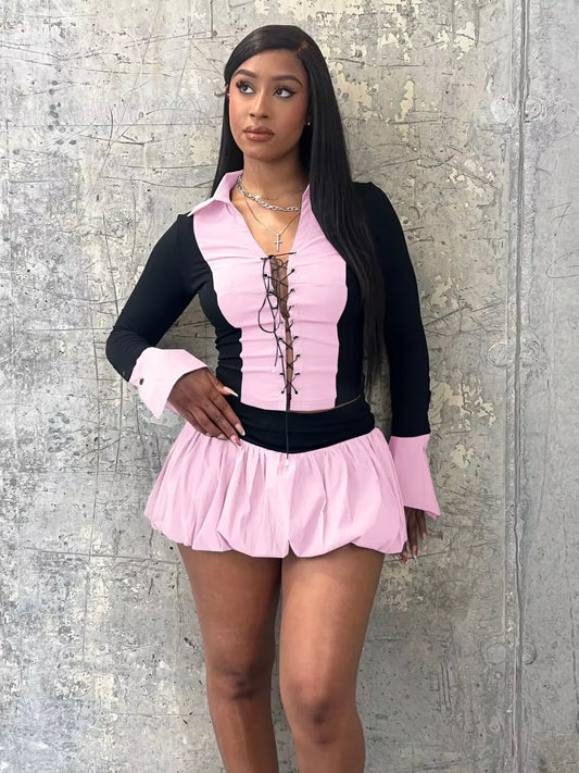 Y2K Punk Two Piece Set for Women Hollow Out Bandage Patchwork Crop Top + Puffy Bubble Skirt Suits Hot Girl Streetwear