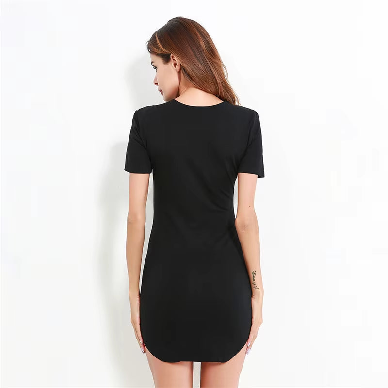 Summer Women Short Sleeve Dresses Ladies Solid Color O-Neck Bodycon Stretch Slim Mini Dress Vestidos QT035