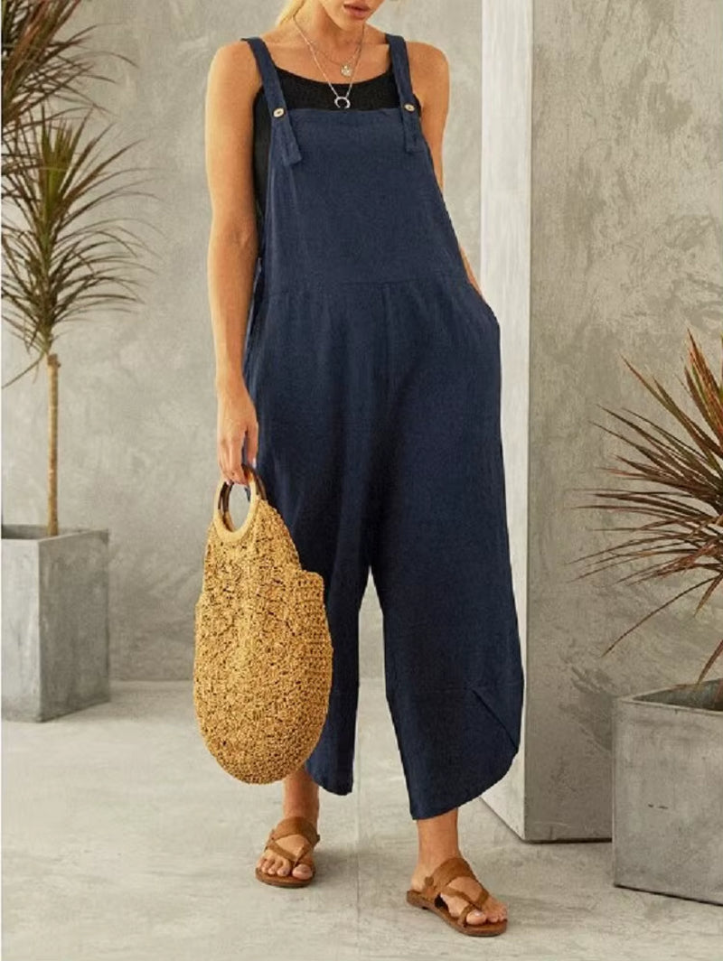 Women Large Cotton Linen Strap Loose Jumpsuit Summer Casual Wide Leg Ankle Length Fashion Jumpsuit Solid Color Pockets Romper