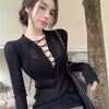 Sexy Deep V Neck Lacing Slim Sweaters Spring New Long Sleeve Solid Youth Thin Hollow Out Korean Tops Fashion Y2K Women Clothing