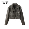 2024New Coal Graysty Le Women'S Washed Leather Jacket with Belt, Short Coat with Downgraded Zipper and Vintage Lapel Jacket