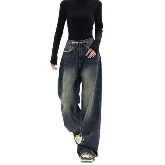 Women'S Harajuku Style Loose Wide Leg Jeans Pants Autumn Winter American Fashion Retro Baggy Straight Loose Denim Trousers