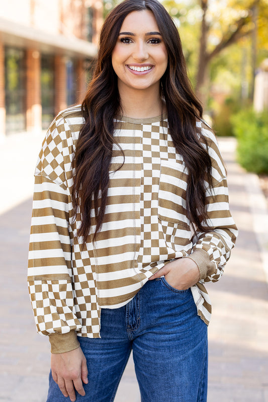 Khaki Checkerboard Striped Patchwork Lantern Sleeve Pocketed Blouse