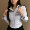 Korean White Office Women Chiffon Shirt Pocket Button Lapel Ladies Blouse Spring Commuter Long Sleeve New Female Crop Tops