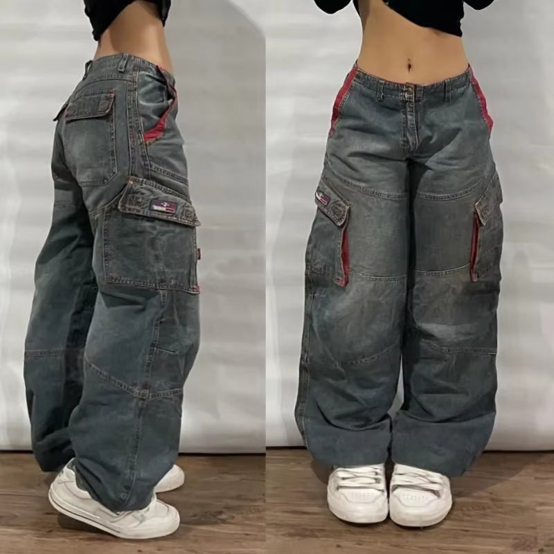 Streetwear New Fashion Old Washing Heavy Industry Big Pocket Black Baggy Jeans Men Y2K Rock Hiphop Dark Casual Wide-Leg Trousers