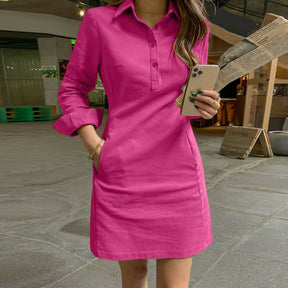 Women Dress Summer Elegant Long Sleeve Solid Color Shirt Sundress 2024 Casual Loose Buttons Pockets Short Mini Vestidos