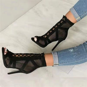 New Fashion Show Black Net Fabric Cross Strap Sexy High Heel Sandals Woman Shoes Pumps Lace-Up Peep Toe Sandals Casual Mesh